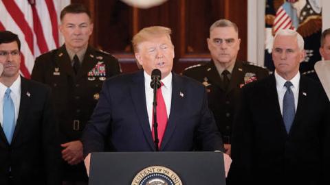  U.S. President Donald Trump speaks from the White House on January 08, 2020 in Washington, DC. During his remarks, Trump addressed the Iranian missile attacks that took place last night in Iraq