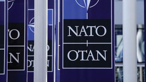 picture taken on November 20, 2019 shows NATO flags at the NATO headquarters in Brussels, during a NATO Foreign Affairs ministers' summit.