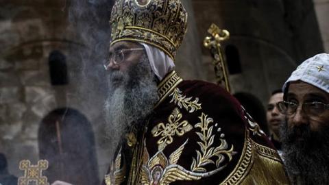 Pope Tawadros II leader of Egypt's Coptic Orthodox Church holds mass to celebrate Easter Sunday at the Church of the Holy Sepulchre in the Old City on April 1, 2018 in Jerusalem, Israel.
