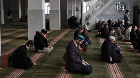 People pray in mosque on February 8, 2011, Makhachkala, Dagestan Republic, Russia. (Oleg Nikishin/Epsilon/Getty Images)