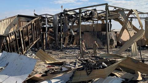 view of the damage at Ain al-Asad military airbase housing US and other foreign troops in the western Iraqi province of Anbar.