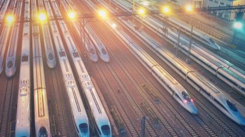 Aerial view of high-speed trains at a maintenance factory on June 20, 2016 in Zhengzhou, Henan Province of China. (Visual China Group via Getty Images)