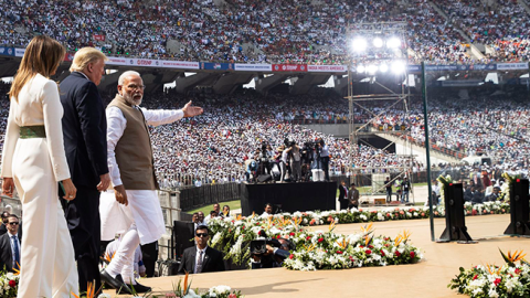 President Donald Trump, First Lady Melania Trump and Indian Prime Minister Narendra Modi arriving at the Sardar Patel Stadium on February 24, 2020. (ALEX BRANDON/ASSOCIATED PRESS)