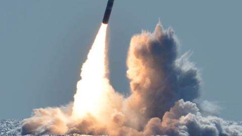 An unarmed Trident II D5 missile launches from the Ohio-class ballistic missile submarine USS Nebraska (SSBN 739) off the coast of California
