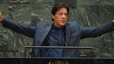 Pakistani Prime Minister Imran Khan speaks during the 74th Session of the General Assembly at UN Headquarters in New York on September 27, 2019. 