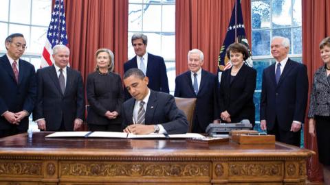 President Barack Obama signs the instrument of ratification of the New START Treaty in the Oval Office, Feb. 2, 2011. 