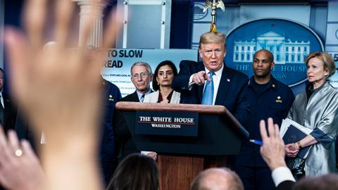 President Donald J. Trump holds a briefing in response to the COVID-19 coronavirus pandemic at the White House on Monday, March 16, 2020 in Washington, DC. (Jabin Botsford/The Washington Post via Getty Images)