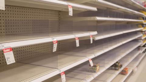 Empty shelves are visible at a Target retail store during an outbreak of the COVID-19 coronavirus in Contra Costa County, Dublin, California, March 15, 2020.
