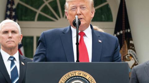President Donald J. Trump, joined by Vice President Mike Pence and members of the White House Coronavirus Task Force, announces a national emergency to further combat the Coronavirus outbreak, at a news conference Friday, March 13, 2020