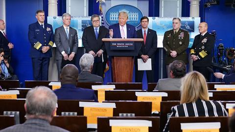 President Donald Trump takes questions from the press during the daily briefing on the novel coronavirus at the White House on April 1, 2020, in Washington, DC. (MANDEL NGAN/AFP via Getty Images) 