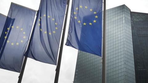 Flags of Europe flutter in front of the headquarters of the European Central Bank (ECB) in Frankfurt am Main, western Germany, on June 1, 2018.