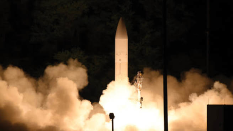 A common hypersonic glide body (C-HGB) launches from Pacific Missile Range Facility, Kauai, Hawaii, at approximately 10:30 p.m. local time, March 19, 2020, during a Department of Defense flight experiment.