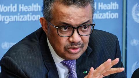 World Health Organization (WHO) Director-General Tedros Adhanom Ghebreyesus gestures as he speaks during a daily press briefing on COVID-19 virus at the WHO headquaters in Geneva on March 9, 2020.