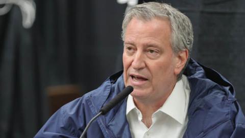 Mayor Bill de Blasio greets healthcare workers and conducts a press conference at the USTA Billie Jean King National Tennis Center, New York, April 10, 2020. 