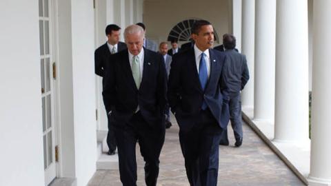 President Barack Obama walking with Vice President Joe Biden in The White House