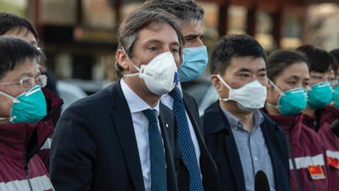 Vice President of Lombardy Region Fabrizio Sala speaks during a press conference with members of a Chinese medical team at Milan Malpensa Airport on March 18, 2020 in Ferno, Italy.