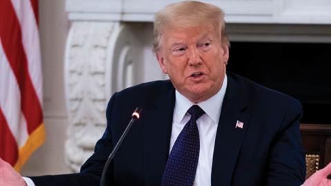  President Donald Trump makes remarks as he participates in a roundtable with law enforcement officials in the State Dining Room of the White House, June, 8, 2020 in Washington, DC.