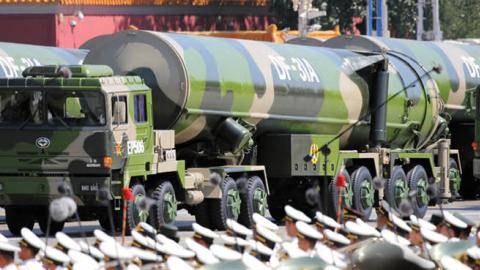      ICBM 'DF-31A' drive past the Tiananmen Square during a military parade on September 3, 2015 in Beijing, China.