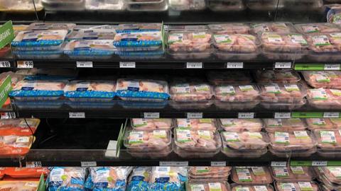 A view of the chicken and meat section at a grocery store, April 28, 2020 Washington, DC