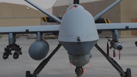 A US Air Force MQ-9 Reaper drone sits at Kandahar Air base in Afghanistan on January 23, 2018.