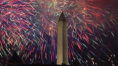 Fireworks are seen over the Washington Monument on Saturday, July 4, 2020. 