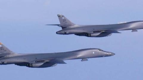 A U.S. Air Force B-1B Lancer assigned to the 9th Expeditionary Bomb Squadron assigned to the 28th Bomb Wing fly a 10-hour mission from Andersen Air Force Base, Guam, into Japanese airspace and over the Korean Peninsula, July 30, 2017