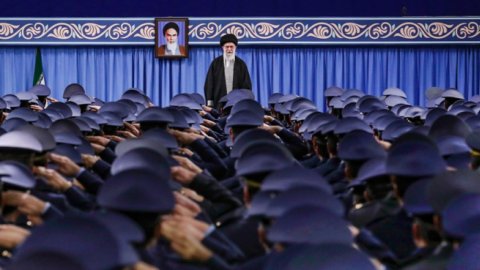 Supreme Leader of Iran, Ali Khamenei makes a speech during his meeting with senior officials and members of the air force in Tehran, Iran on February 08, 2020. (Anadolu Agency via Getty Images)