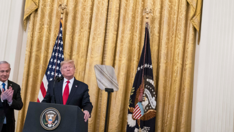 U.S. President Donald Trump and Israeli Prime Minister Benjamin Netanyahu participate in a joint statement in the East Room of the White House on January 28, 2020 in Washington, DC. (Sarah Silbiger/Getty Images)