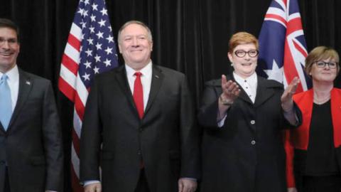 U.S. Defense Secretary Mark Esper and Secretary of State Mike Pompeo meet Australian Foreign Minister Marise Payne and Defense Minister Linda Reynolds in Sydney, Aug. 4, 2019.