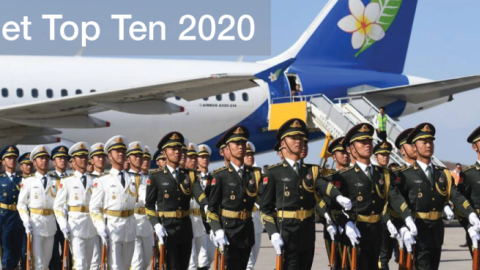 A Chinese military honor guard marches off after greeting Laotian President Bounnhang Vorachith (not seen) on his arrival at Beijing airport to attend the Belt and Road Forum, on April 25, 2019 (GREG BAKER/GETTY IMAGES)