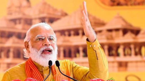 Indian Prime Minister Narendra Modi speaks at the groundbreaking ceremony of a Hindu temple in Ayodhya, Aug. 5. (GETTY IMAGES)
