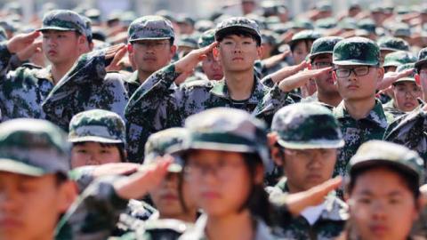 Grade Ten students mandatory military training on the campus ahead of the new semester in Huaibei City in central China's Anhui province