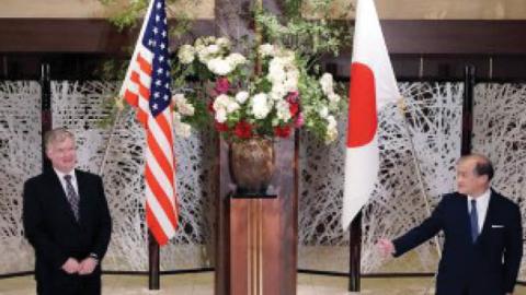 U.S. Deputy Secretary of State Stephen Biegun, left, and Japanese Vice Foreign Minister Takeo Akiba, right, prior to their bilateral meeting at Iikura Guest House, July 9, 2020, in Tokyo, Japan.