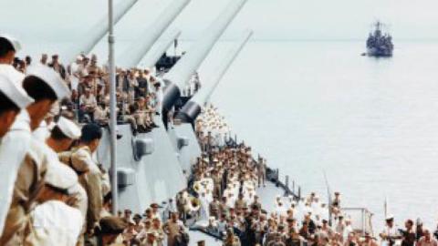 Aboard the USS Missouri at the conclusion of the formal surrender of Japan, September 2, 1945.