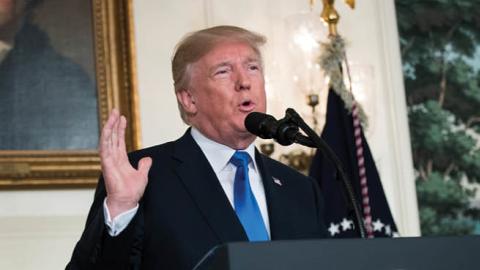 U.S. President Donald Trump makes a statement on the administration's strategy for dealing with Iran, in the Diplomatic Reception Room in the White House, October 13, 2017 in Washington, DC.