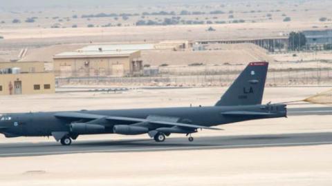 A U.S. Air Force B-52 Stratofortress aircraft from Barksdale Air Force Base, Louisiana, arrive at Al Udeid Air Base, Qatar, Saturday, April 9, 2016.