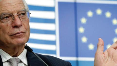 European Union foreign policy chief Josep Borrell speaks at a media conference in Brussels, Sept. 21.