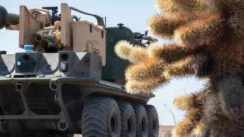 An experimental Army robot, nicknamed Origin, at the Project Convergence exercise at Yuma Proving Ground, Ariz.