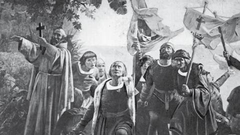 Christopher Columbus landing in America with the Piuzon Brothers bearing flags and crosses, 1492