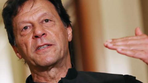 Pakistan Prime Minister Imran Khan makes a brief statement to reporters before a meeting with U.S. House Speaker Nancy Pelosi (D-CA) at the U.S. Capitol July 23, 2019 in Washington, DC.