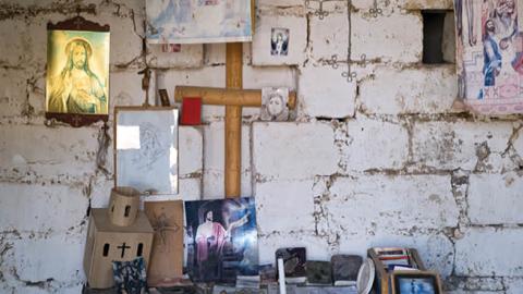 A view of a make-shift chapel on an Armenian frontline position on October 20, 2020 near Aghdam, Nagorno-Karabakh.