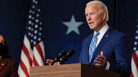 Democratic presidential nominee Joe Biden, joined by vice presidential nominee Sen. Kamala Harris (D-CA), speaks one day after Americans voted in the presidential election, on November 04, 2020 in Wilmington, Delaware