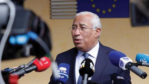 Prime Minister of Portugal António Costa speaks to the media outside the European Commission in Brussels, Oct. 15.