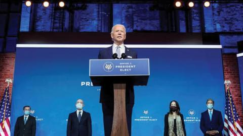 President-elect Joe Biden with his national security nominees at his transition headquarters in Wilmington, Del., Nov. 24.