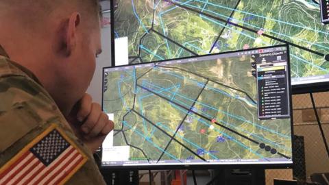 A soldier in Tampa, Florida, assesses the Army's One World Terrain software, which will be used to create real-time, realistic simulated terrain for soldiers to fight on