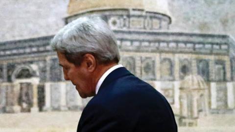 John Kerry, America’s secretary of state at the time, arrives at Palestinian Authority headquarters in the West Bank city of Ramallah on November 24, 2015. 
