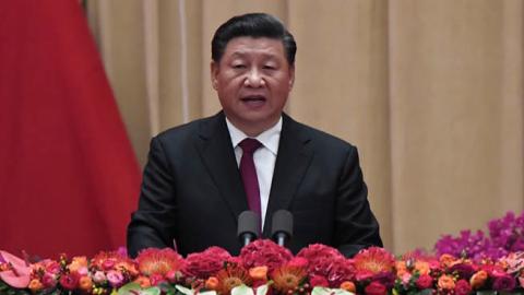 Chinese President Xi jinping delivers a speech during a banquet marking the 70th anniversary of the founding of the People's Republic of China on September 30, 2019 in Beijing, China.