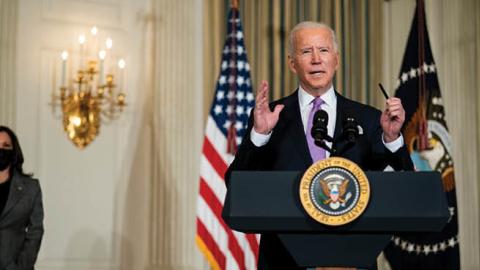 U.S. President Joe Biden speaks about his racial equity agenda in the State Dining Room of the White House on January 26, 2021 in Washington, DC