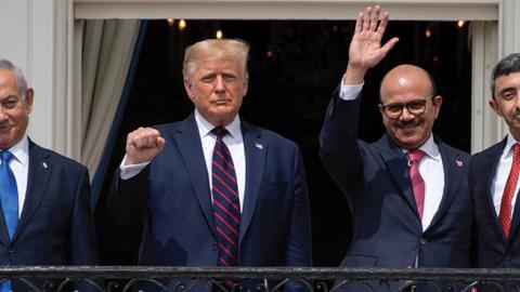 Israeli Prime Minister Benjamin Netanyahu and the foreign ministers of Bahrain and the United Arab Emirates arrived September 15, 2020 at the White House to sign historic accords normalizing ties between the Jewish and Arab states. (SAUL LOEB/AFP)