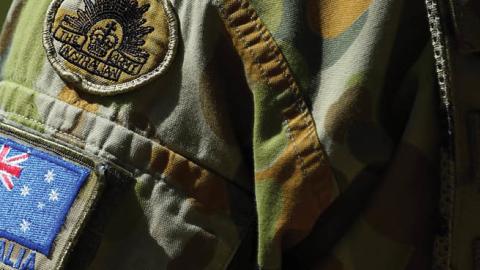 Seen is the sleeve and badges worn by an Australian RAAF (Royal Australian Air Force) JTAC (Joint Terminal Attack Controller) member during air operations on April 6, 2016 in Townsville, Australia (Photo by Ian Hitchcock/Getty Images)